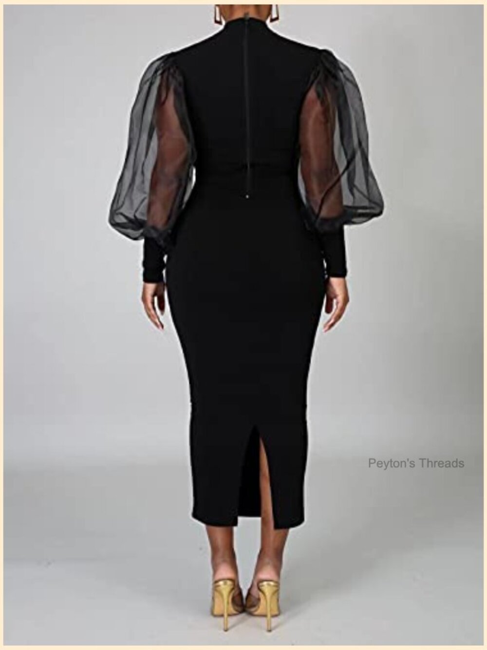 Sheer Mesh Bodycon Midi Dress with Puff Lantern Sleeves - Picture 3 of 7